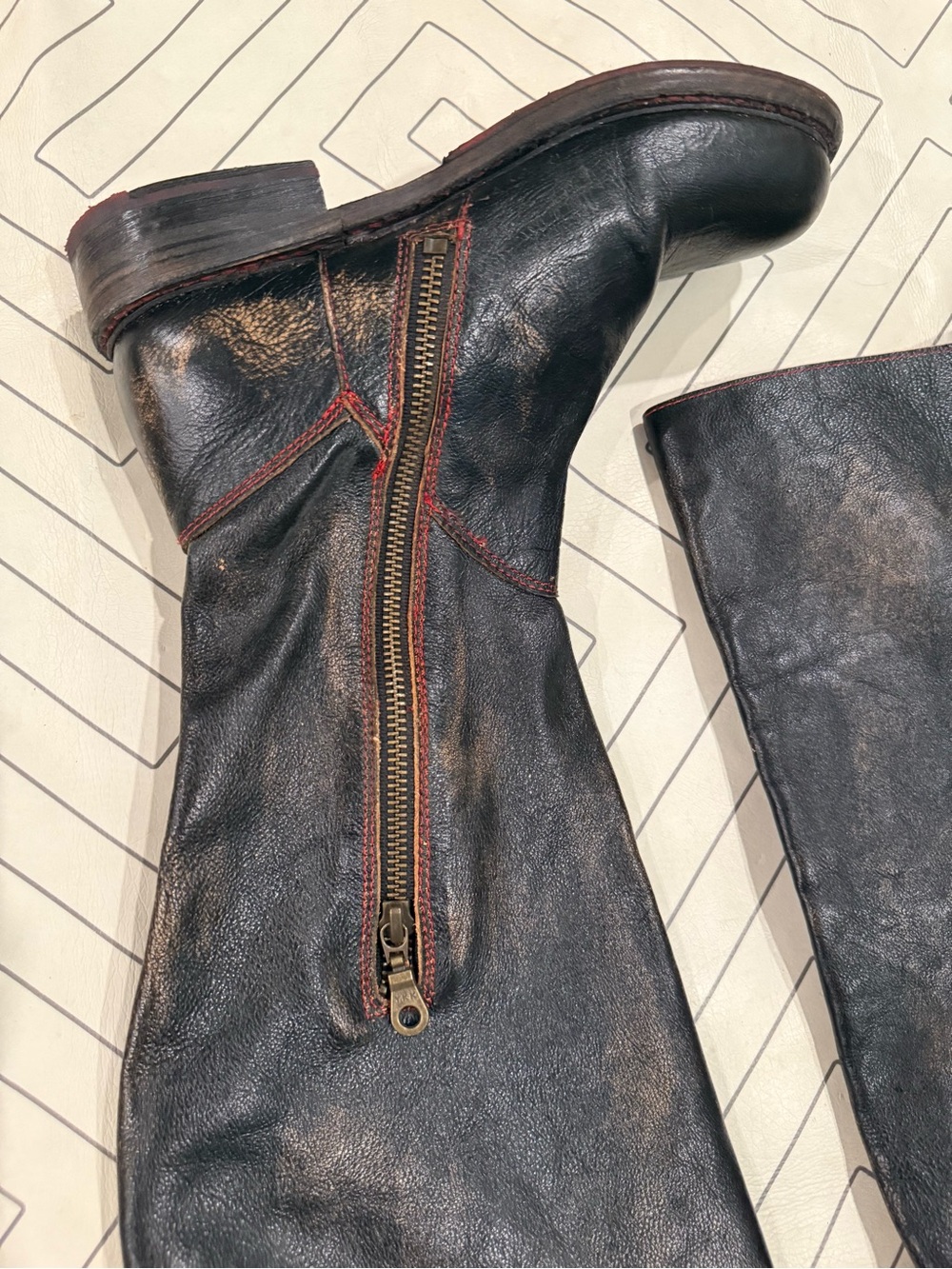 Bed | Stu Distressed Black Leather Riding Boots with Tie Calf - Picture 5 of 14